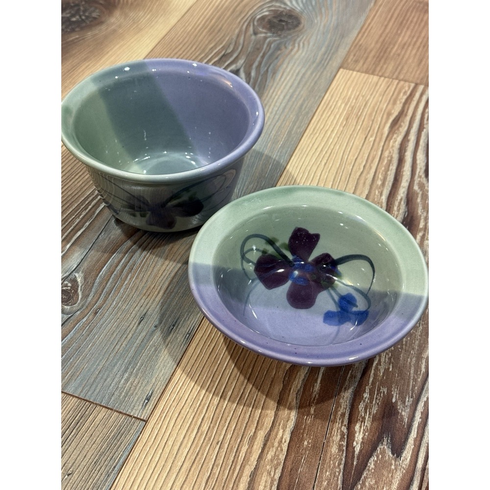 KENT FOLLETTE Pottery Studio Art 2 Glazed Bowls Purple, Green Signed